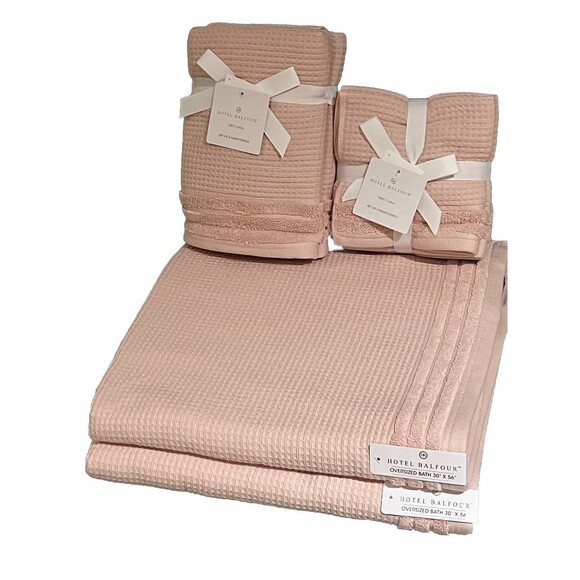 Hotel Balfour Bath Towel Set Pink Waffle Wave Textured Cotton 9 Piece Set NEW - Picture 1 of 10